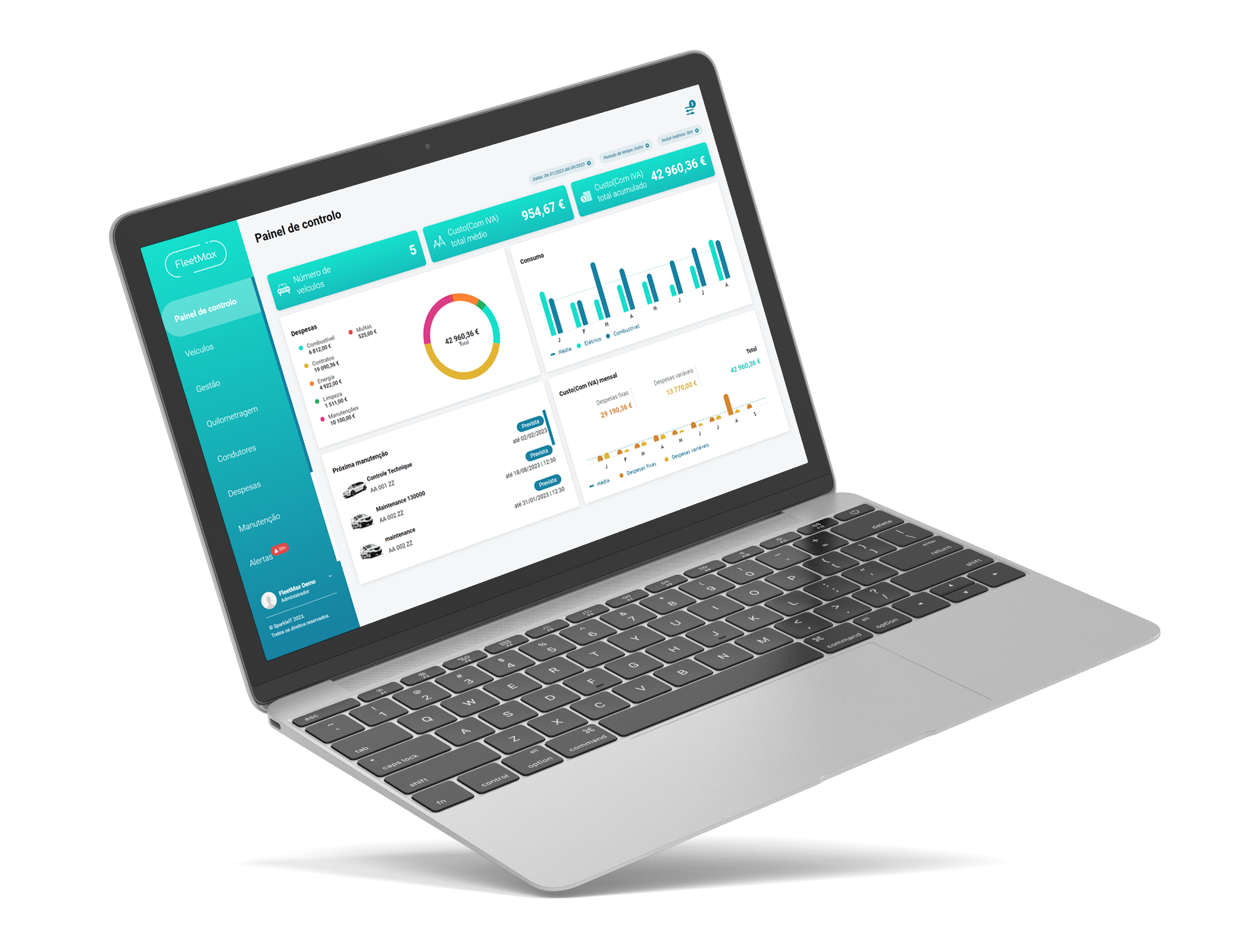 Funcionalidades 1 Painel de controlo da aplicação FleetMax num computador, com dashboards de gestão de frotas, gestão de veículos, gestão de contratos, localização GPS e reserva de veículos em tempo real.