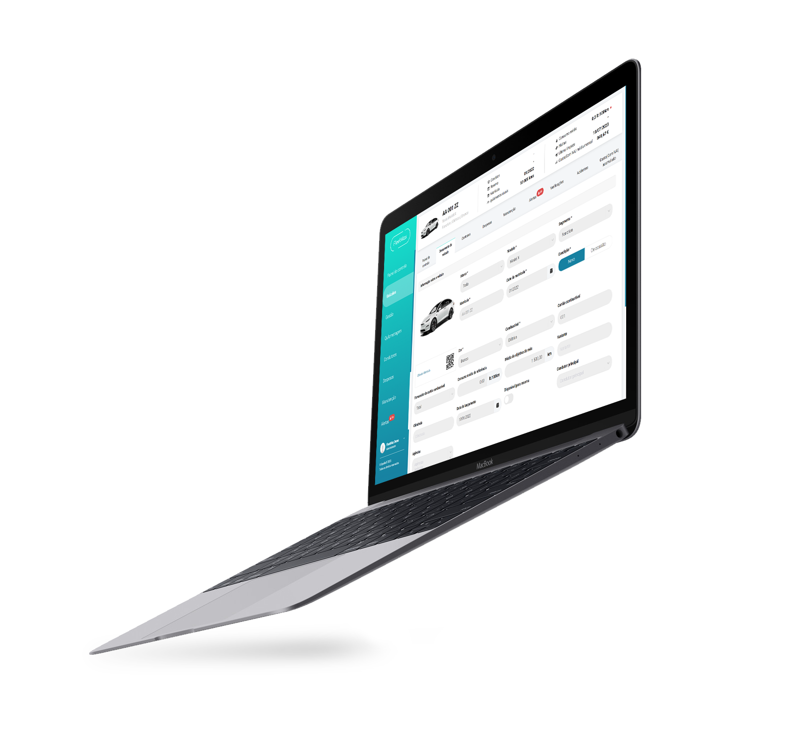Funcionalidades 2 Página da aplicação FleetMax num computador, mostrando a ficha de um veículo com informações detalhadas, gestão de frotas, gestão de contratos, localização GPS e reserva de veículos.