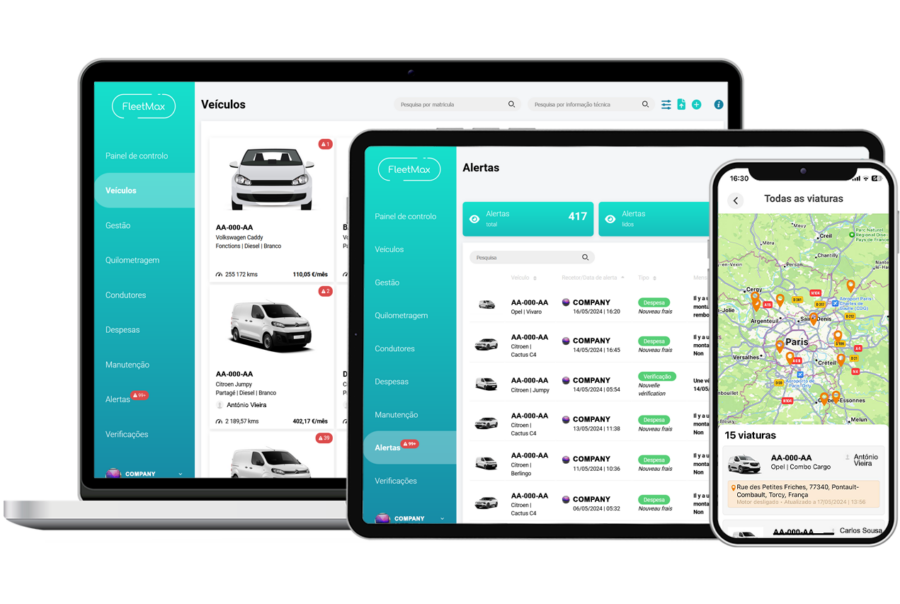Software de Gestão de Frotas | Tracking, Custos, Contratos 1 Interface da aplicação FleetMax nas versões Web e Mobile, com dashboards de gestão de frota, reserva de veículos, manutenções e contratos, e mapa com rota e localização GPS de um veículo.