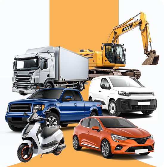 Software de Gestão de Frotas | Tracking, Custos, Contratos 2 Vários tipos de veículos geridos pela aplicação de gestão de frota, FleetMax, incluindo máquina escavadora, jipe, carro ligeiro, mota e carrinha, demonstrando a versatilidade na gestão de frotas automóveis e localização GPS